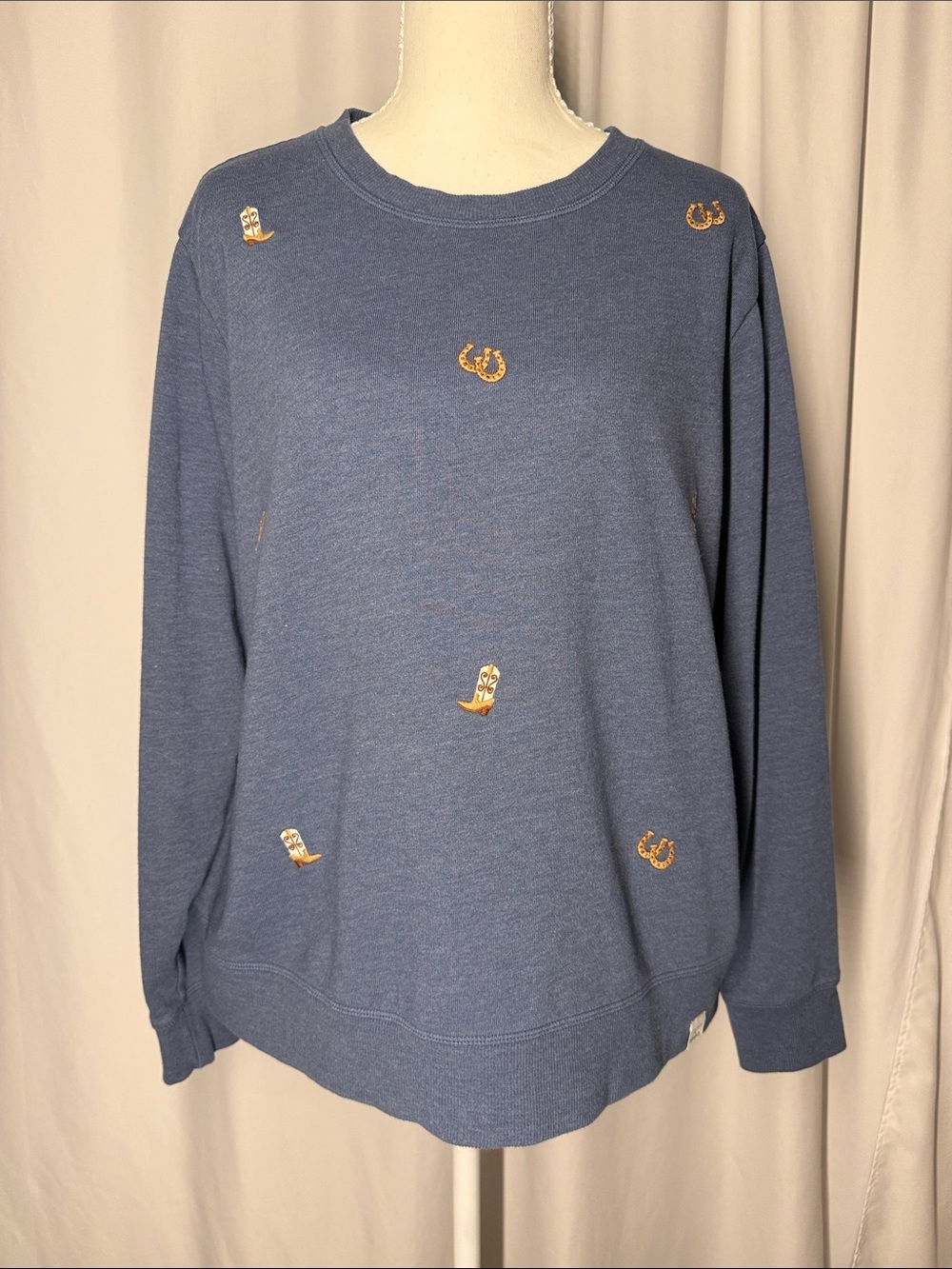Lucky Brand Blue Embroidered Crewneck Sweater with Gold Western Accents - Picture 1 of 7